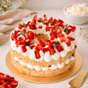 Con una textura súper liviana y esponjosa. Visualmente es un bizcocho blanco debido a que es a base de claras de huevo. Rellena de crema y fresas le da un sabor liviano y súper fresco!