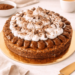 Bizcocho de chocolate 75% con nueces, una combinación perfecta de textura y sabor. Crocante por fuera y cremoso por dentro. Con una cubierta de merengue e hilos de chocolate.