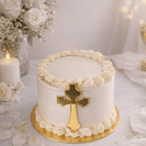Cruz dorada metálica para decorar el frontal de la tarta, ideal para comunión, confirmación o evento religioso.