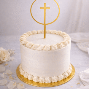 Topper dorado con cruz dentro de círculo para tarta de comunión, decoración religiosa elegante para celebraciones especiales.