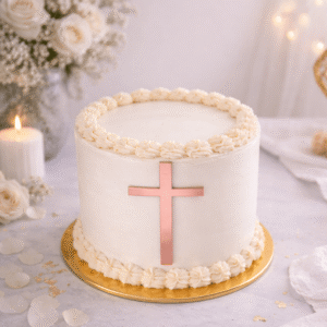 Cruz rosa metálica para decorar tarta de comunión, topper elegante ideal para celebración religiosa infantil.